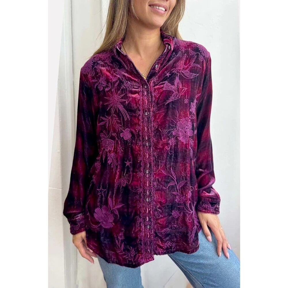 Johnny Was Cerise Plaid Torine Bird Embroidered Velvet Shirt Small NEW